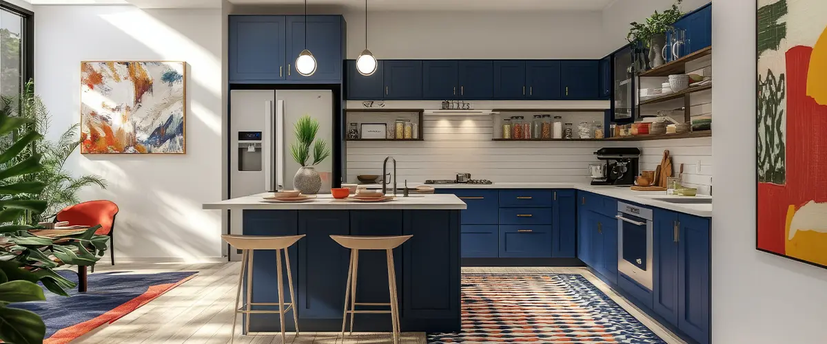 Modern kitchen interior with blue cabinets island and artistic decor. Ideal for inspiration in contemporary home design Cabinet Painting,Huntersville Cabinet Painting